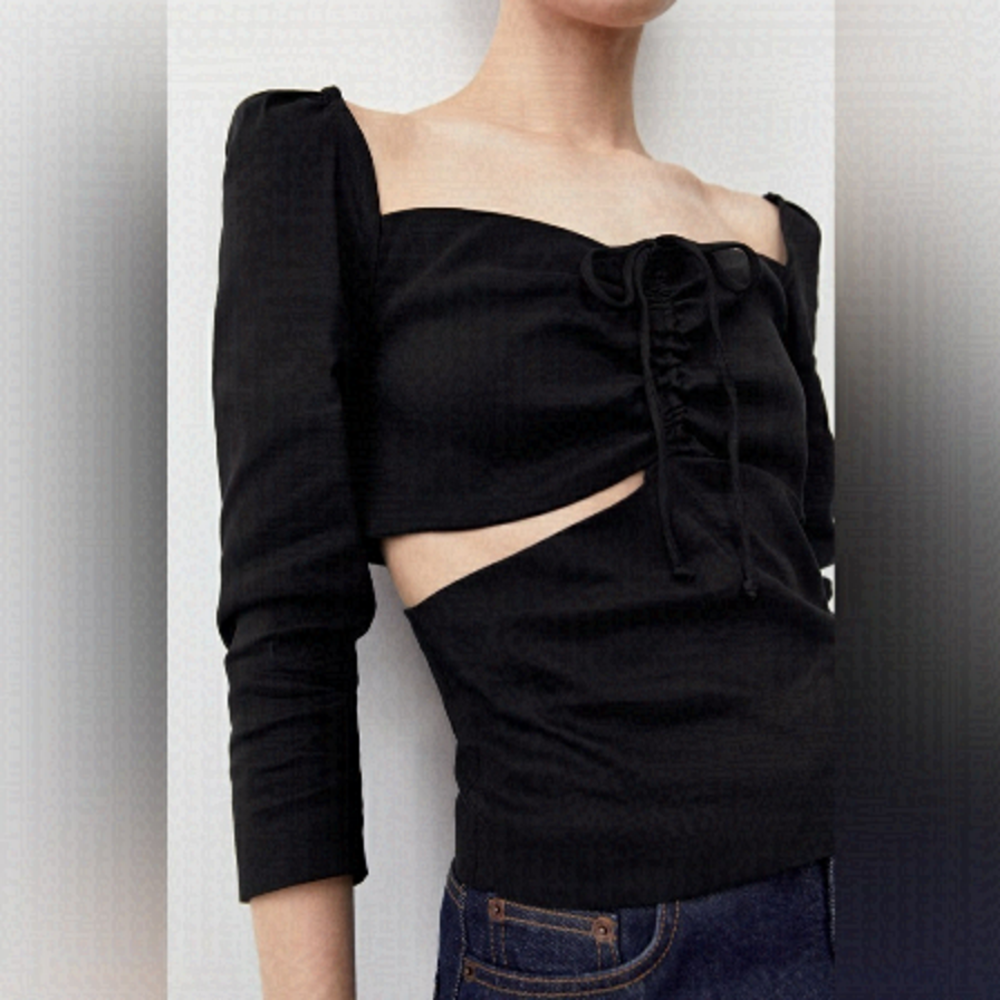 Zara Linen Blend Cut Out Top Black Puff Shoulders Cropped Small